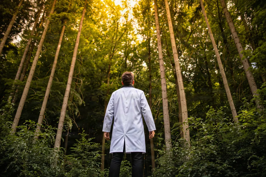 Scientist standing in a forest, representing connected scientific knowledge